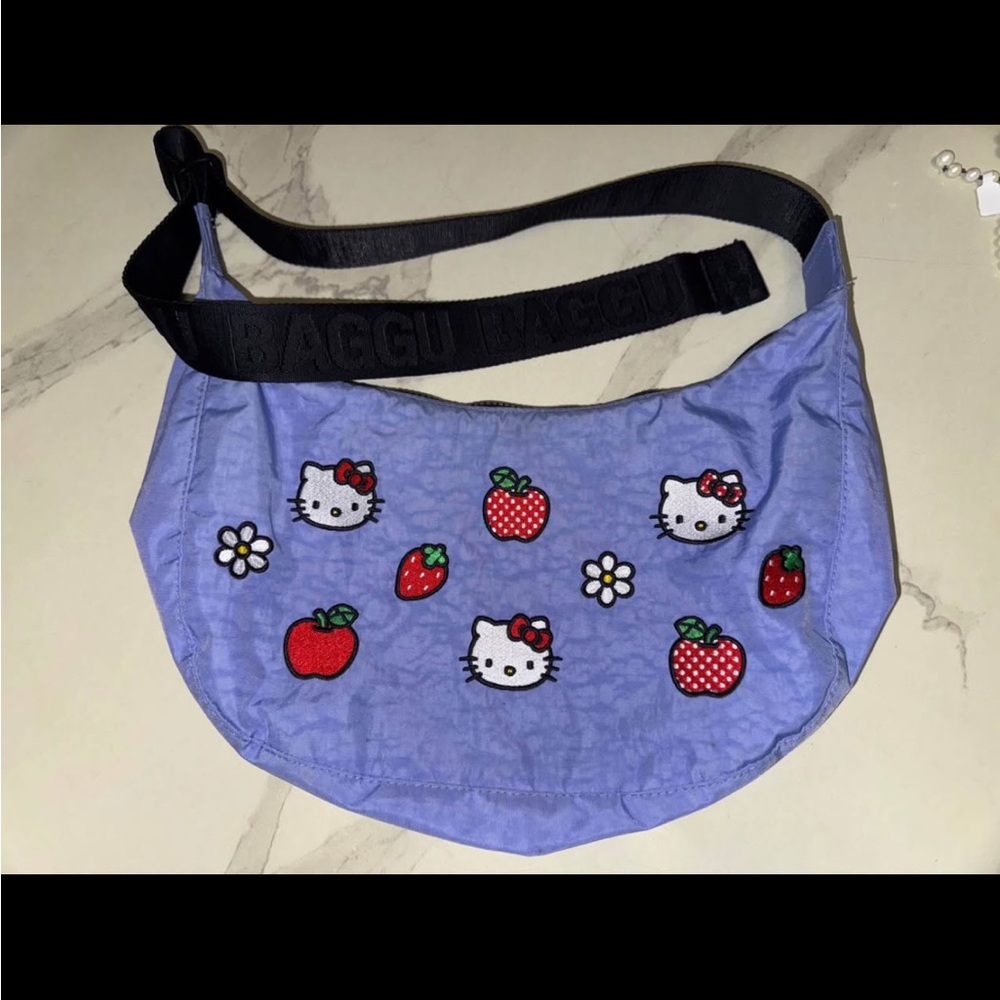 BAGGU Kids Blue Crossbody Bag with Hello Kitty and Strawberry Design